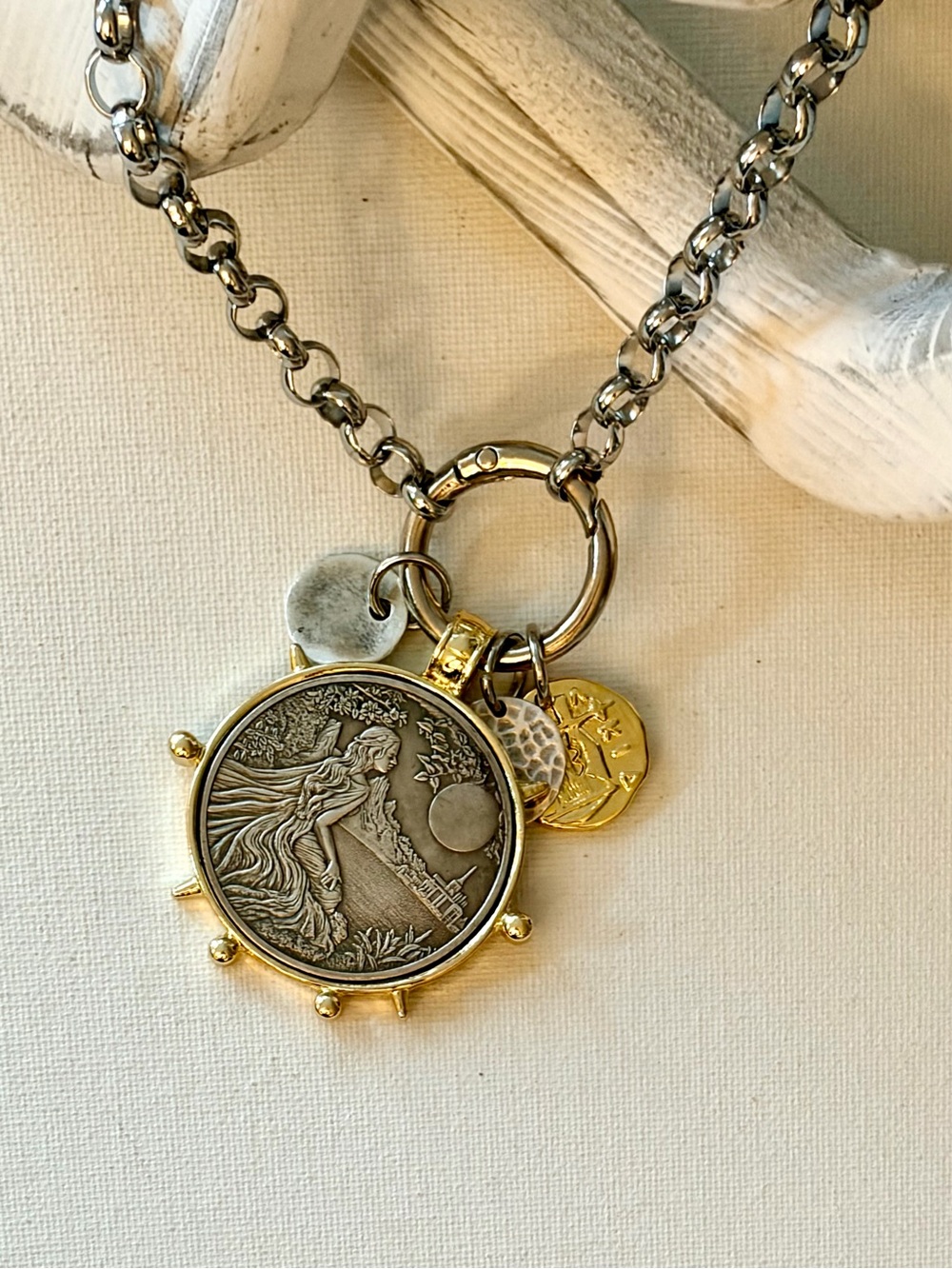 Gold and Silver Mixed-Metal Pendant Necklace with Replicas Coin Charms